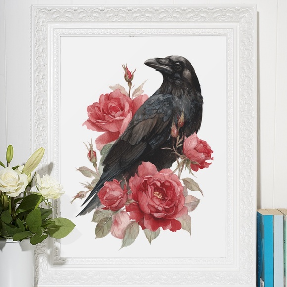 Watercolor Floral Black Crow Wall Art Print Unframed - Black Bird Illustration - Picture 6 of 6
